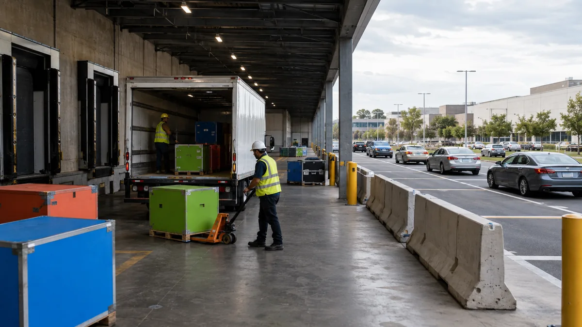 Trade show freight moving through a convention center loading dock with parking kept separate