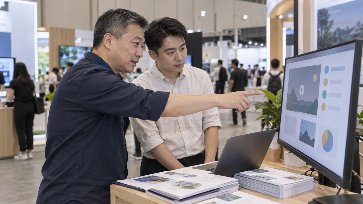 Two learning professionals review a course demonstration on a monitor at an expo counter.
