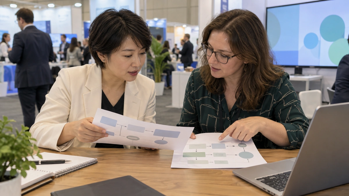 Two women review a printed branching-flow sheet at a learning-technology demo table.