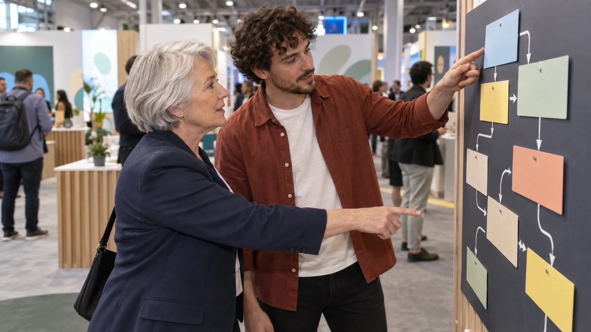 Two professionals discuss a course workflow board with colored cards and arrows.