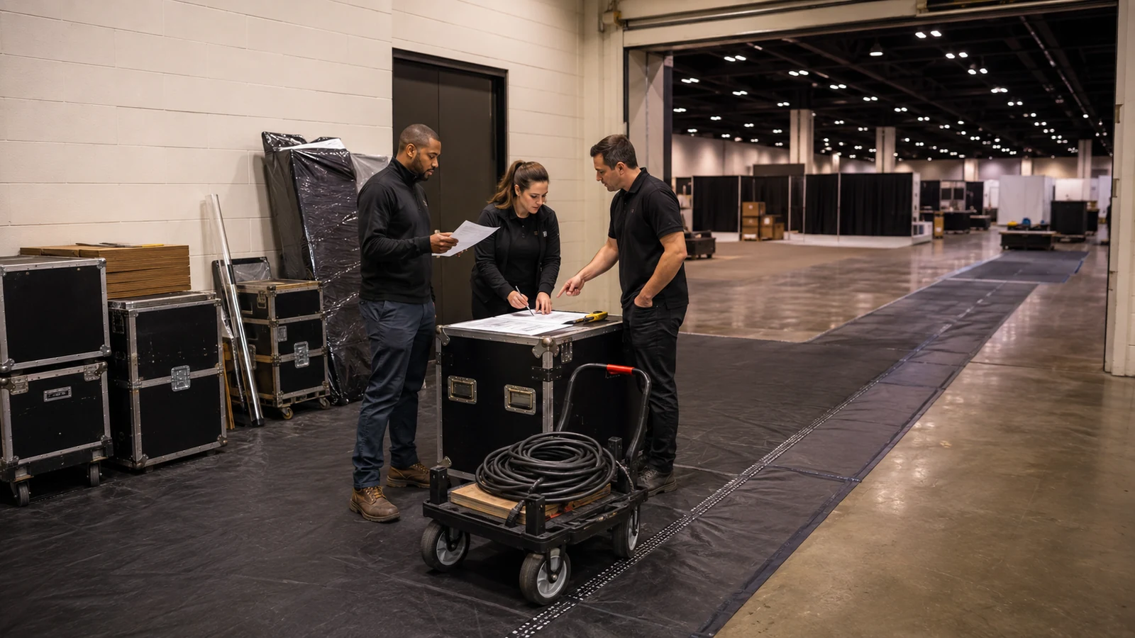 Exhibitor team coordinating load-in and service-order planning in a generic convention hall.