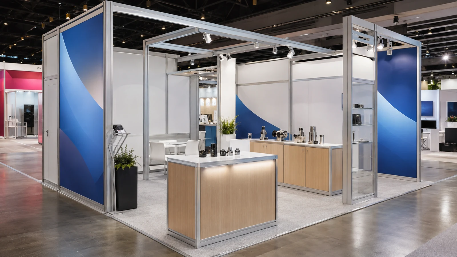 Modular trade show booth prioritizing product display, lighting, storage, and visitor flow