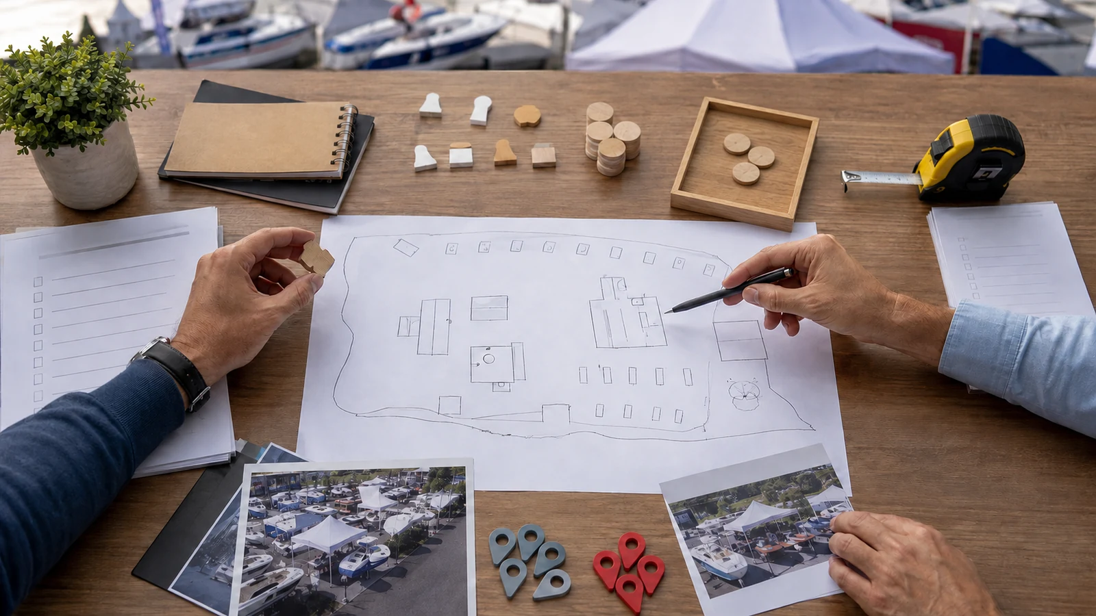 Generic tabletop planning brief for boat-show location, inclusions, and budget decisions.