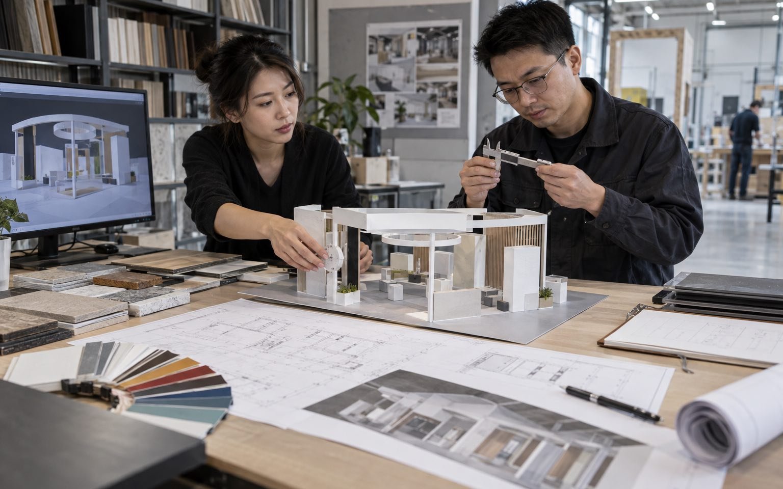 Chinese exhibit design team coordinating a booth model, floor plan and finish samples