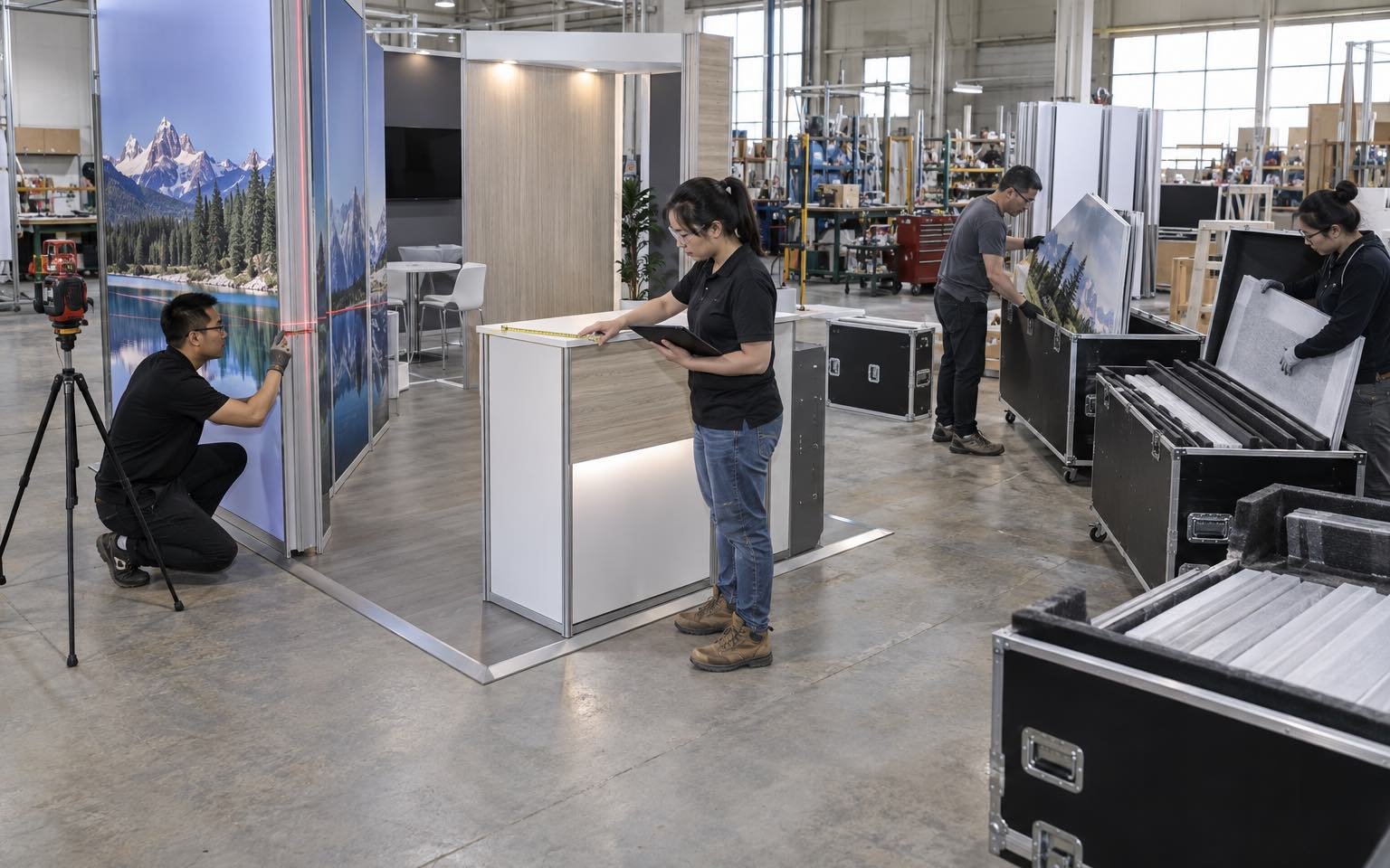 Chinese production team preassembling, checking and packing modular exhibit components