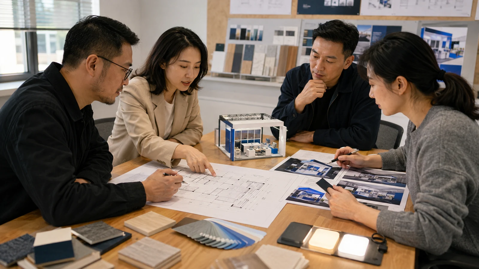 Trade show project team reviewing booth drawings, material samples, and operating details