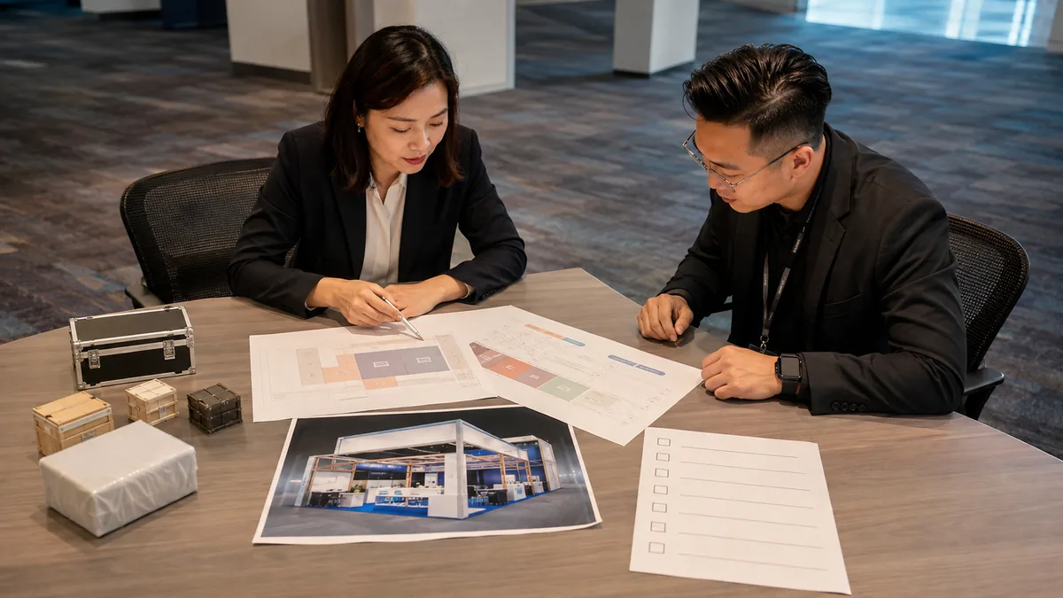 B2B event team reviewing a booth quote, schedule, freight plan, and production approval checklist