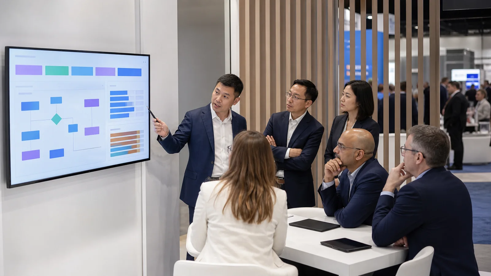 Commercial pharma teams reviewing a digital engagement workflow at an industry event