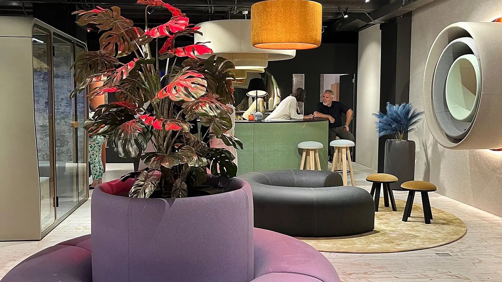 Commercial interiors and furniture displays inside NeoCon at The Mart in Chicago.