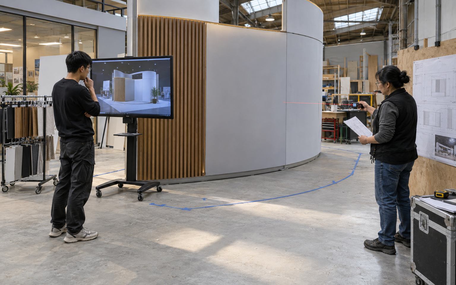 Chinese exhibit designer and production engineer checking an Austin display mockup