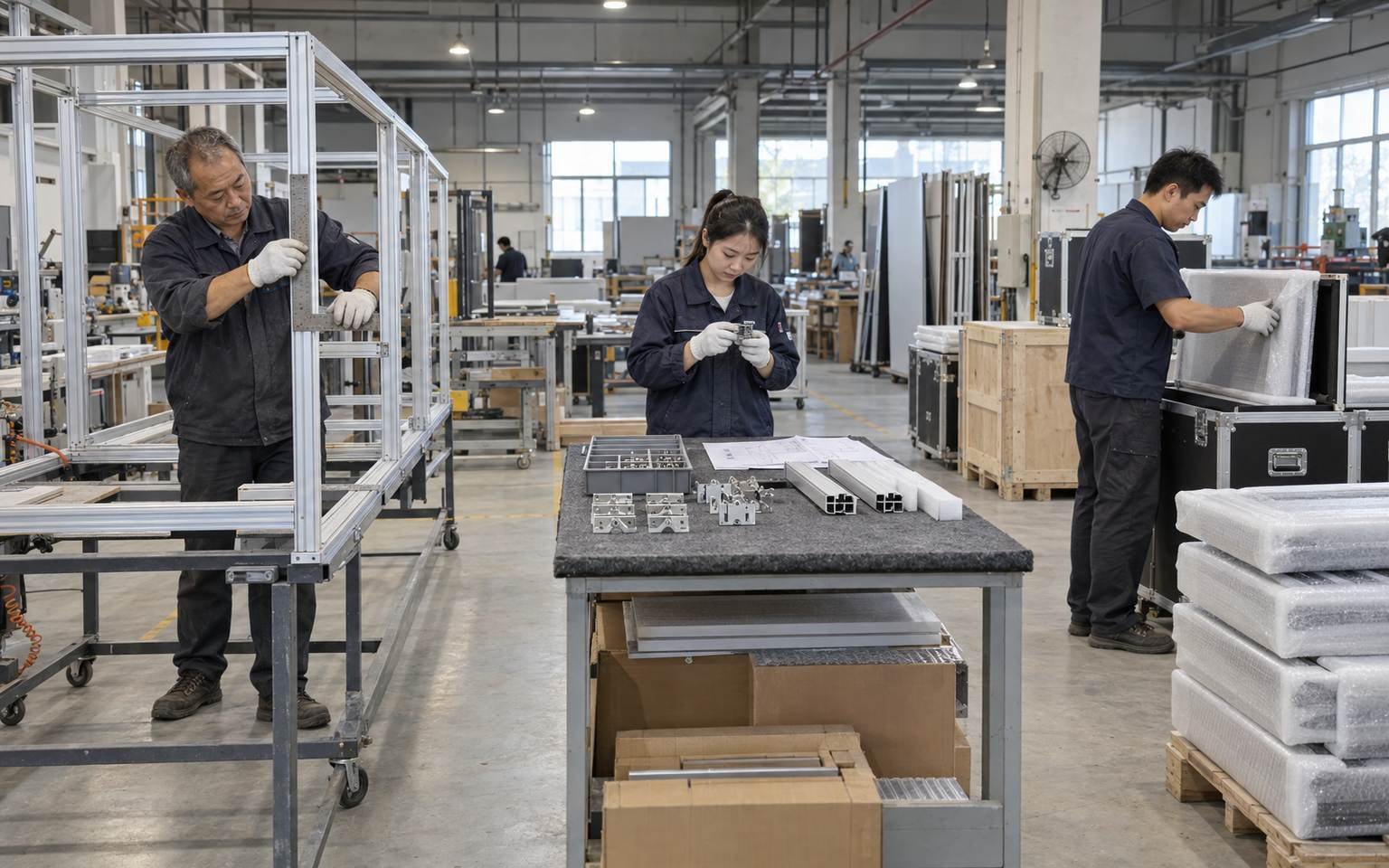 Chinese production team preassembling, checking and packing Austin display components