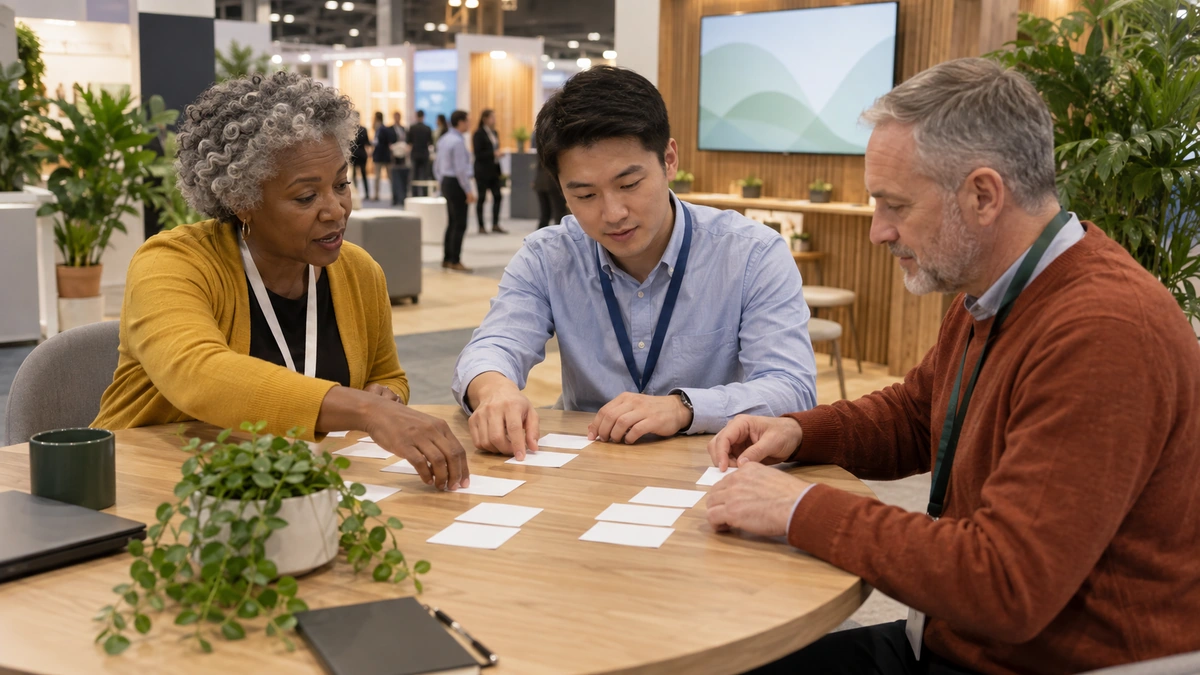 Three professionals discuss groups of attendee cards around a meeting table.