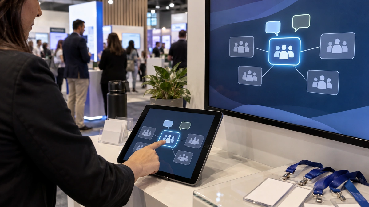 A hand selects a highlighted group on a tablet beside blank event badges.