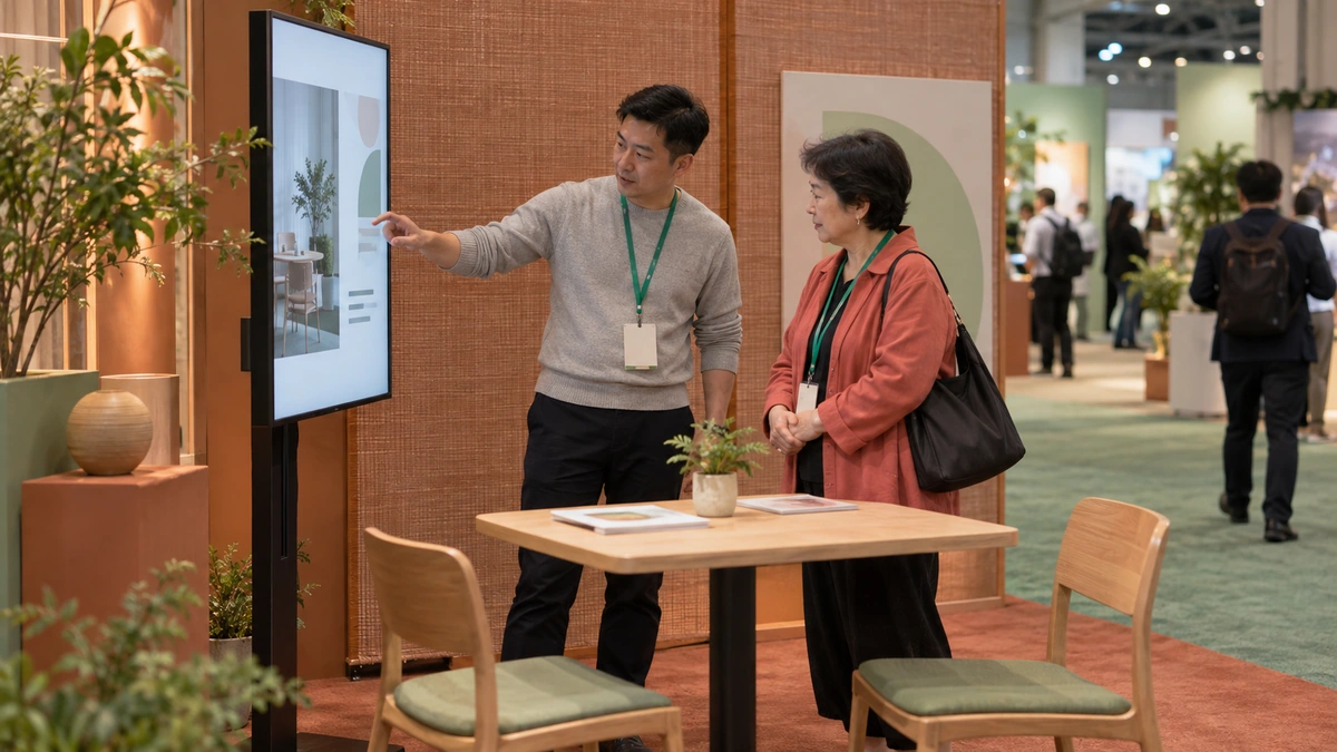 Two professionals discuss a demonstration on a freestanding vertical screen beside a small meeting table and two chairs.