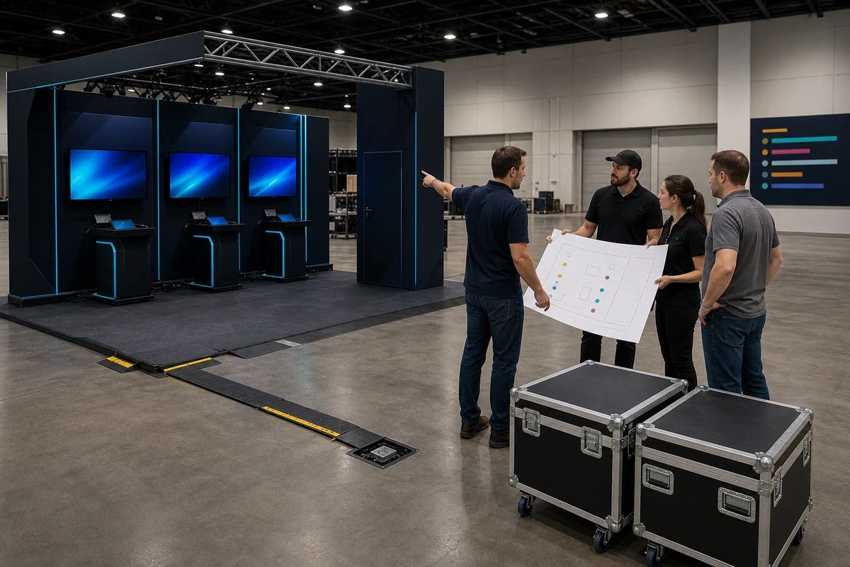 Exhibit team verifying floor plan demo equipment utilities and freight milestones