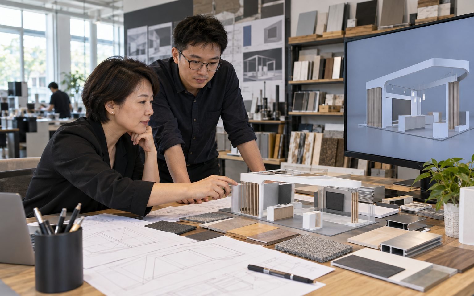 Chinese exhibit designers reviewing an approved Cleveland booth direction with drawings and material samples