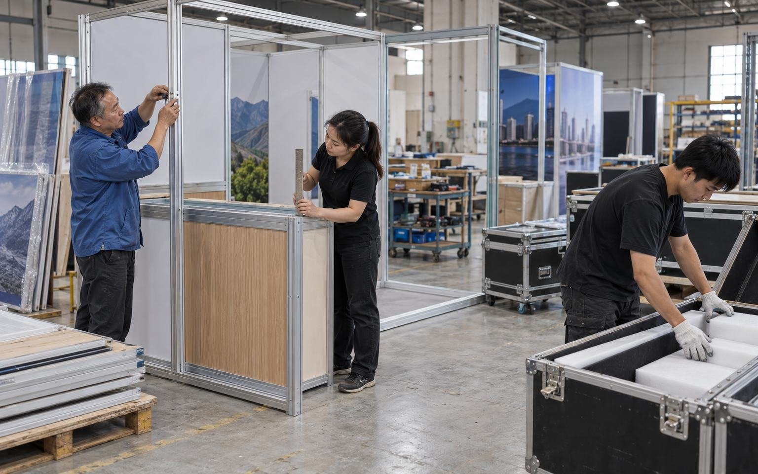 Chinese production team coordinating open-side booth production support and preassembly