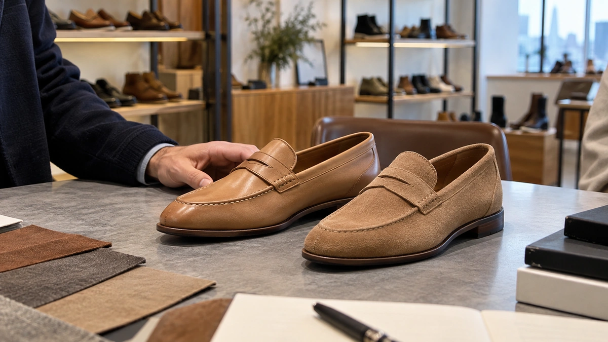 Two tan loafer samples with smooth and suede-textured uppers on a grey table.