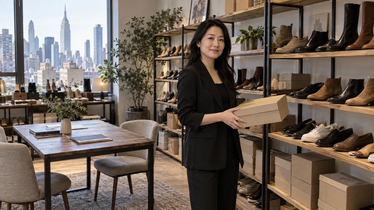A sales manager holding a shoe box beside shoe shelves, boxed stock and a buyer meeting table.