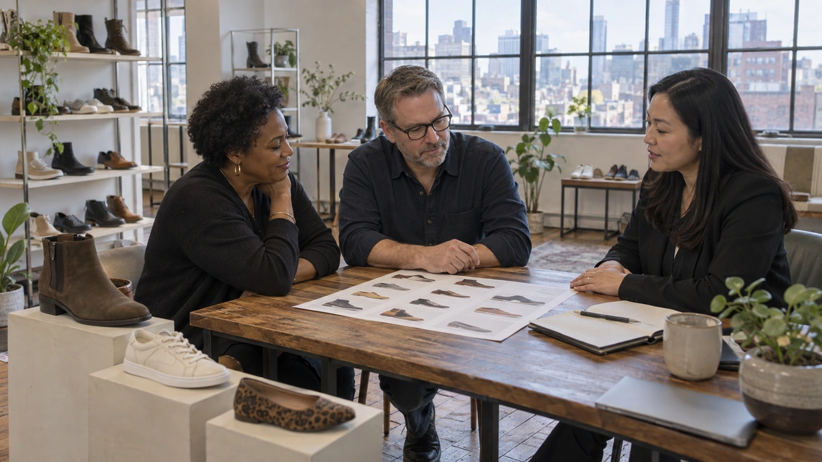 Retail buyers discussing a footwear assortment at a showroom appointment table.