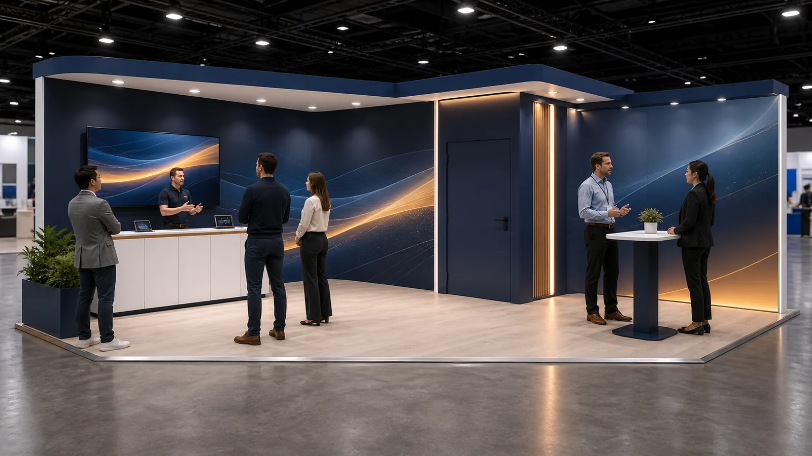 Concept rendering of a unified 10x20 booth with a demo zone on the left and a compact standing conversation zone on the right.
