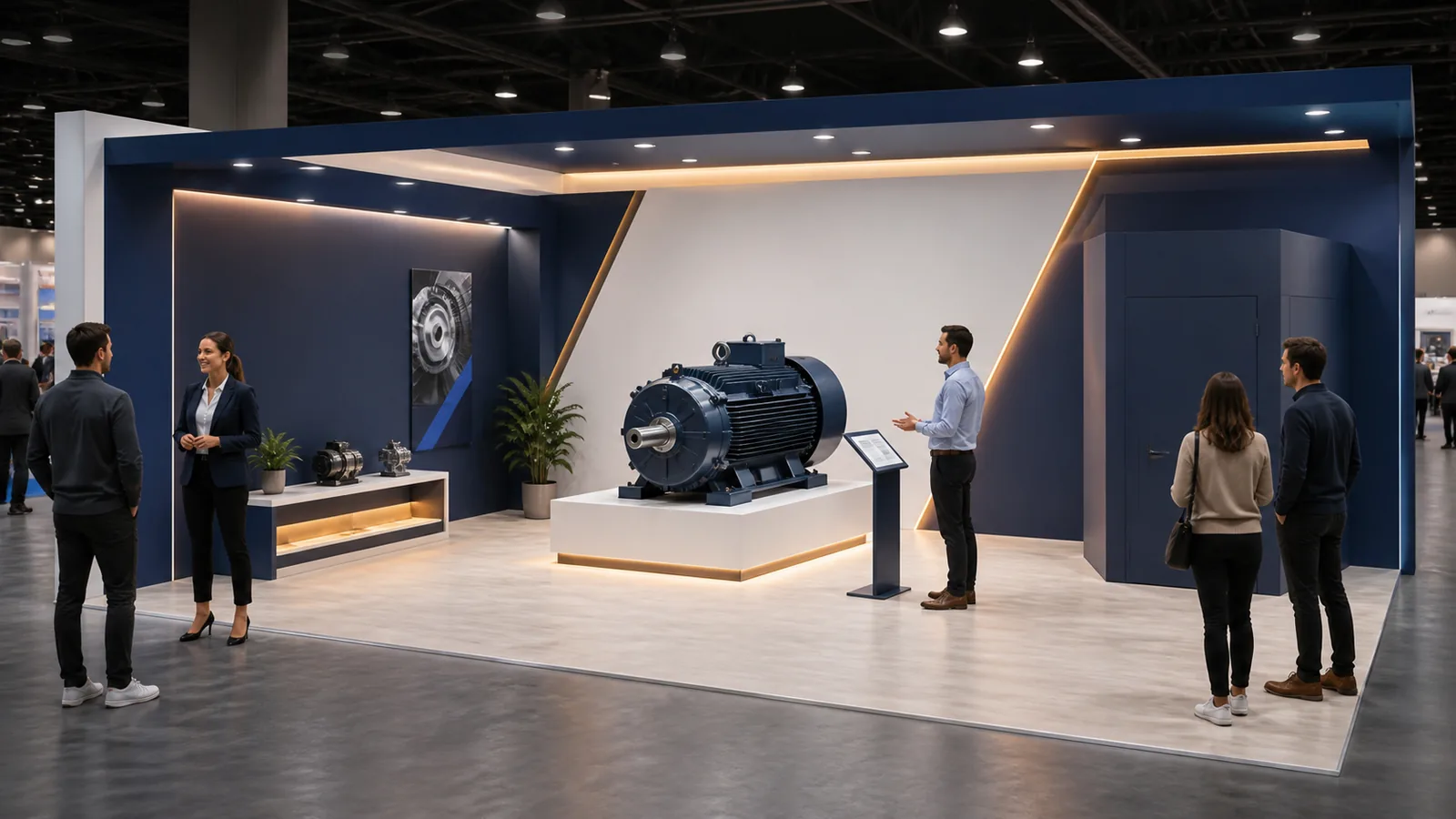 Concept rendering of a 10x20 trade show booth with a rear-center industrial hero product, low side display and open foreground.
