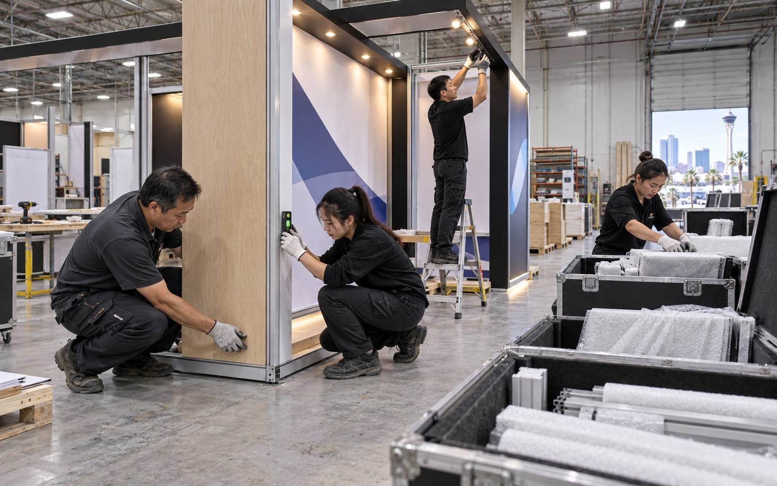 Chinese production team preassembling, inspecting and packing trade show booth components