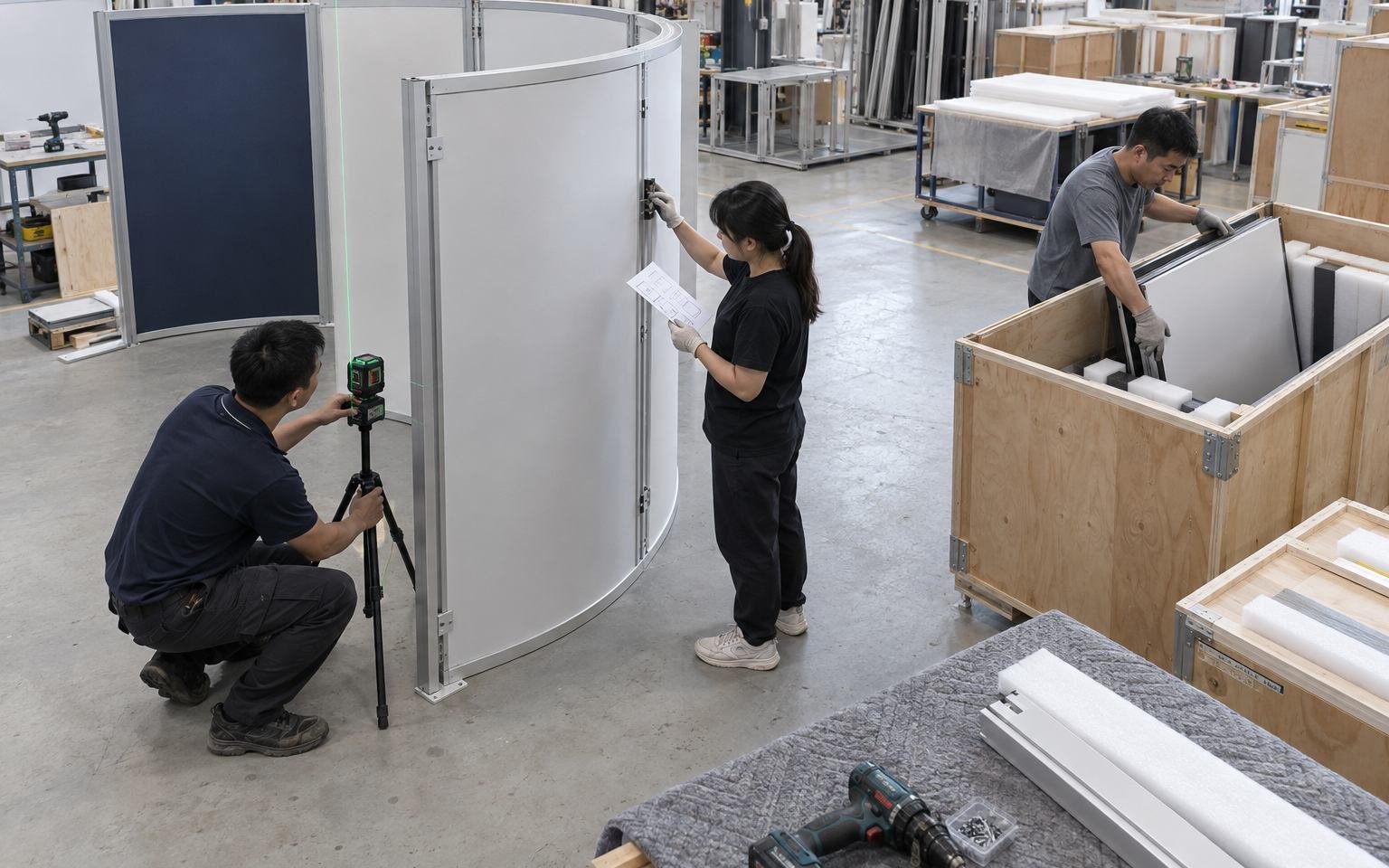 Chinese production team preassembling, inspecting and packing curved exhibit components