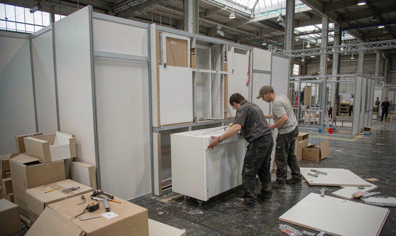Trade show booth pre-assembly check in production warehouse