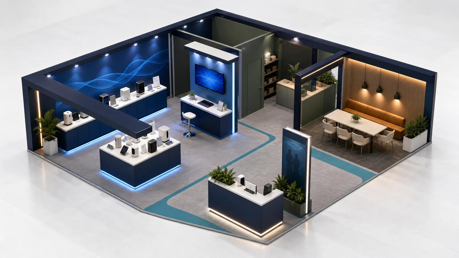20x30 trade show booth design with product, demo, meeting, and open visitor zones