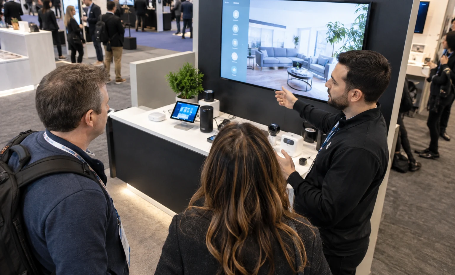 One Approved Plan for the Booth, Graphics and Product Interfaces trade show booth an interactive screen and hardware demonstration with a clear operator position