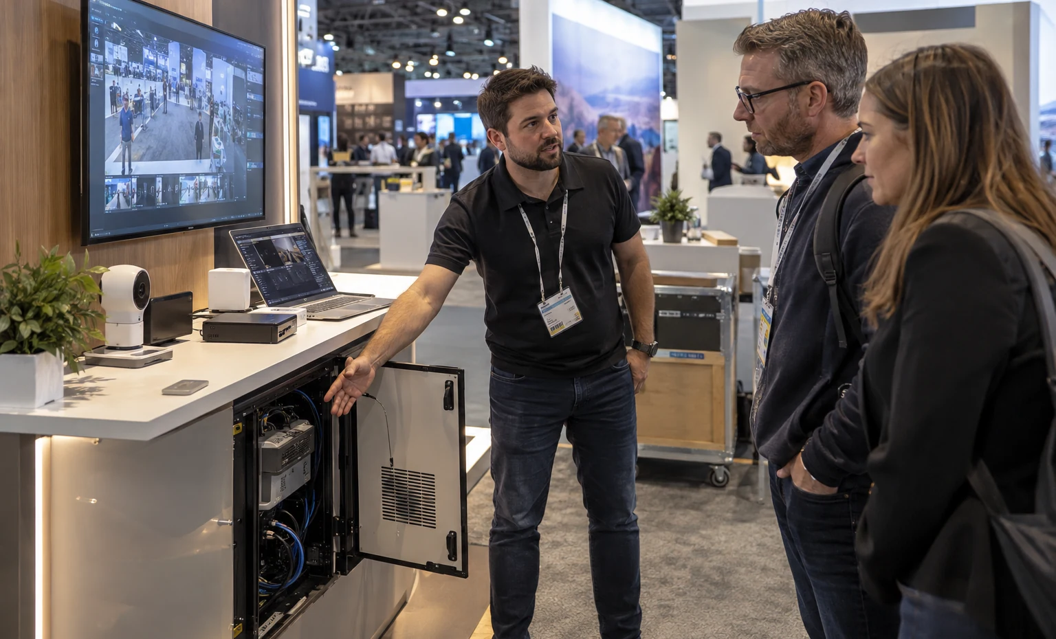 Make the Live Demo Easy to Run and Easy to Recover trade show booth a full-scale equipment demonstration on a stable booth platform with service access visible