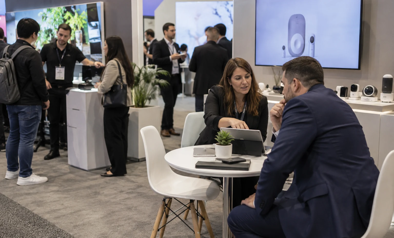 Split the Demo Queue from Scheduled Appointments trade show booth a practical meeting corner beside the product display with a table, chairs and presentation material