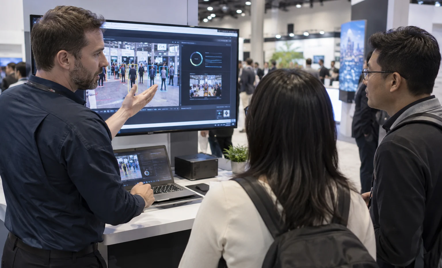 Software or AI Demonstration trade show booth an interactive screen and hardware demonstration with a clear operator position