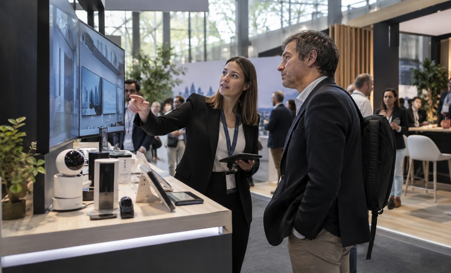 Retailer, Distributor or Partner Meetings trade show booth an interactive screen and hardware demonstration with a clear operator position