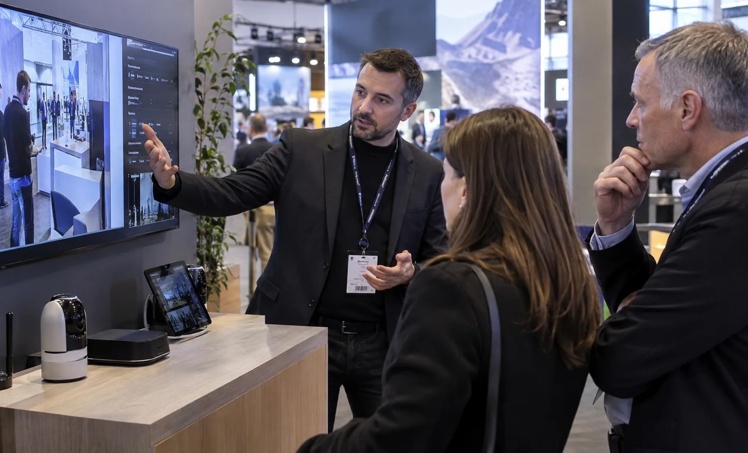 Media Briefing or Product Presentation trade show booth an interactive screen and hardware demonstration with a clear operator position