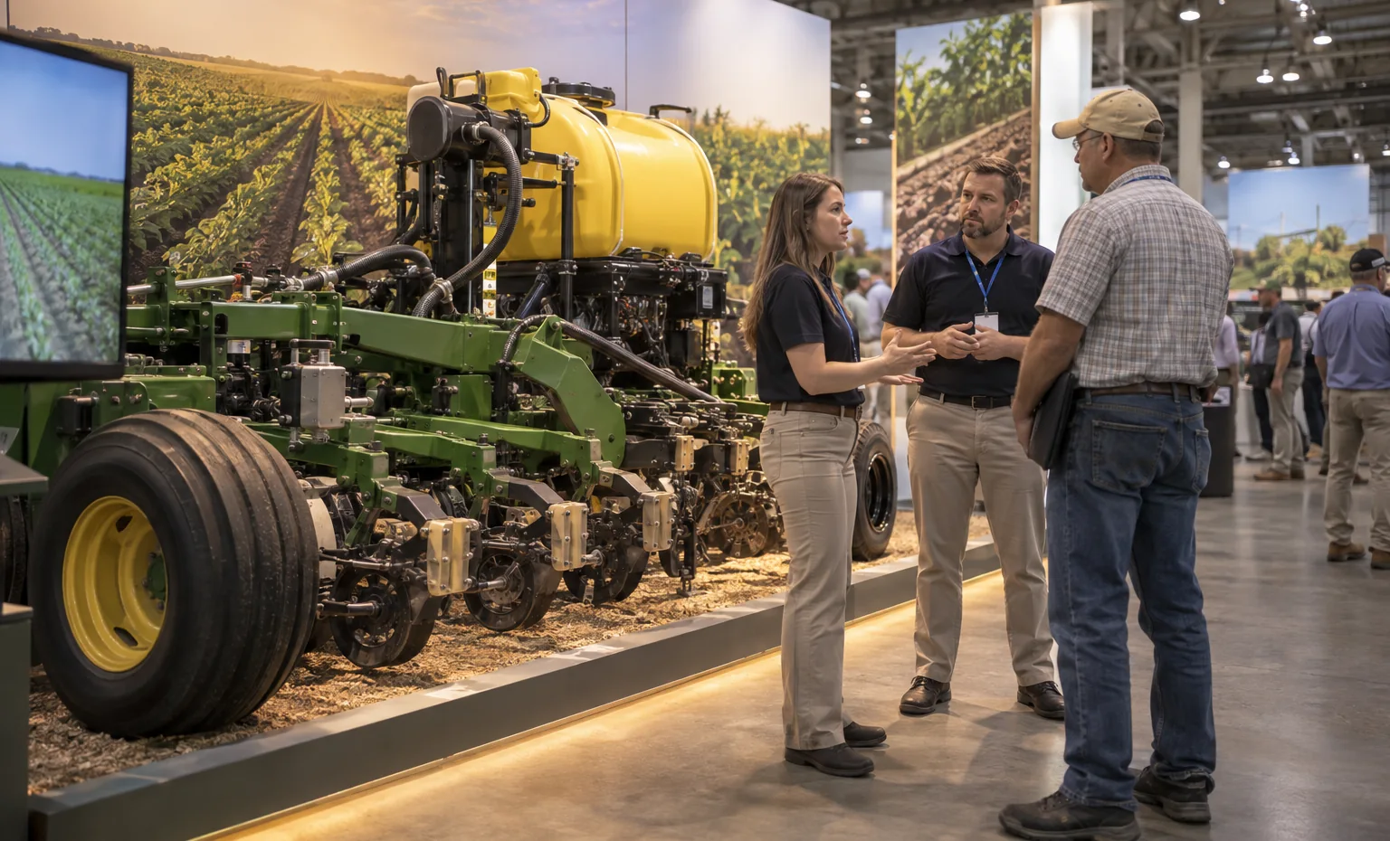 Recognize the Farm Application trade show booth a full-scale equipment demonstration on a stable booth platform with service access visible