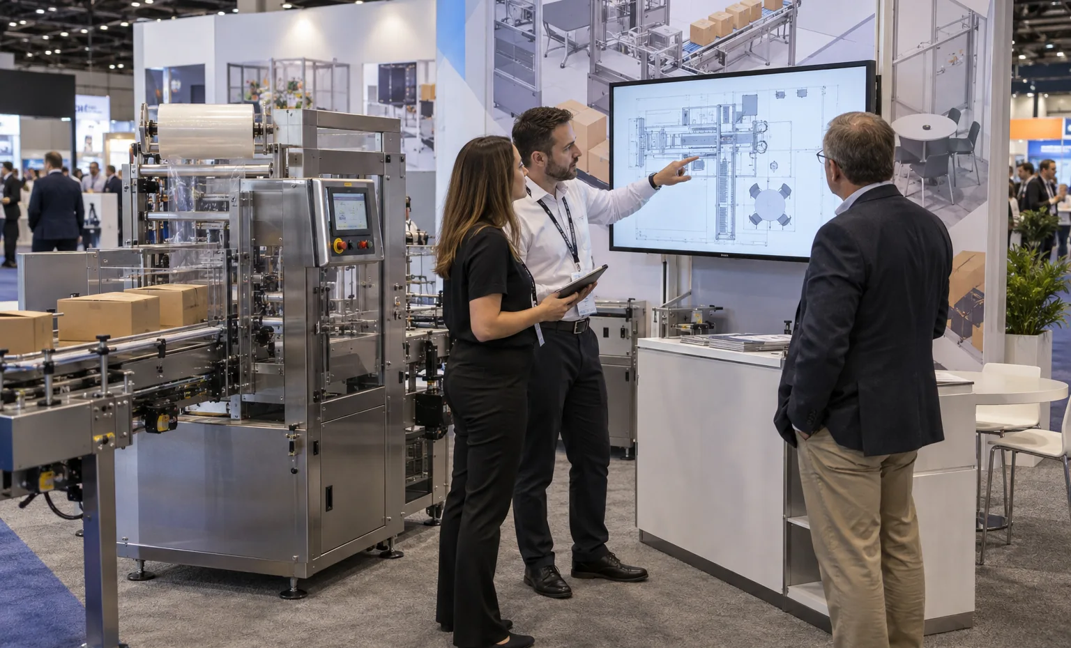 One Approved Drawing Connects the Machine and the Rental Exhibit trade show booth an interactive screen and hardware demonstration with a clear operator position
