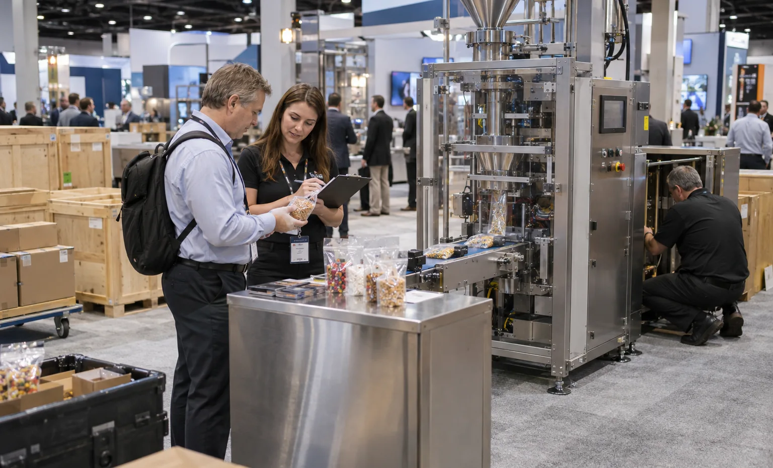 Separate Machine Freight from Booth Freight trade show booth a full-scale equipment demonstration on a stable booth platform with service access visible