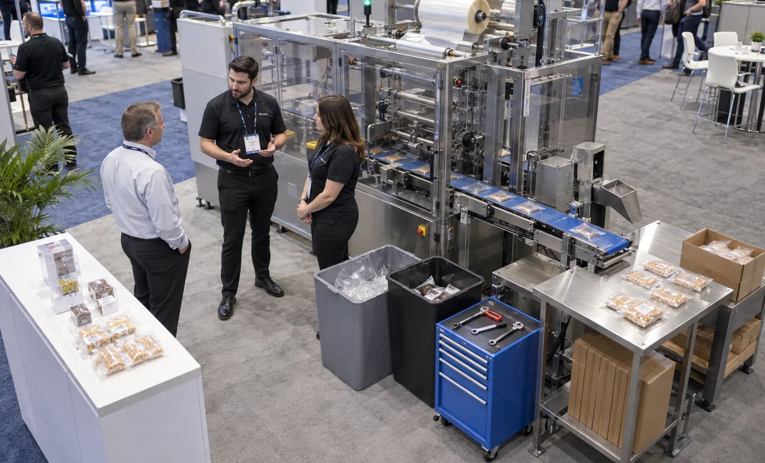 Plan the Output Side as Carefully as the Feed Side trade show booth a full-scale equipment demonstration on a stable booth platform with service access visible