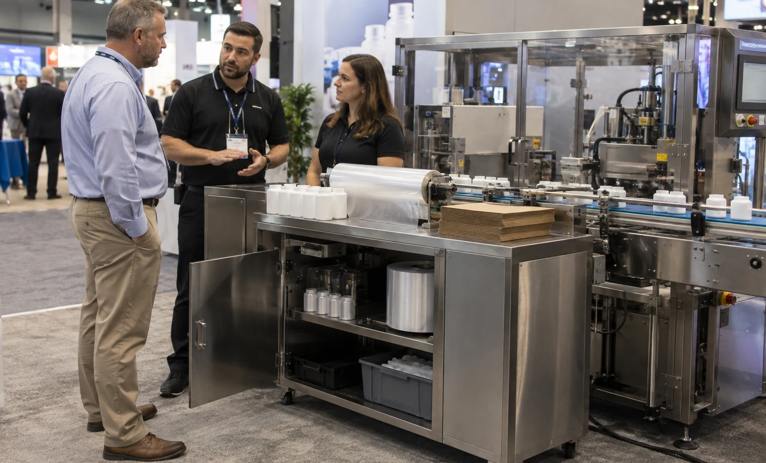 Set Up the Product trade show booth a full-scale equipment demonstration on a stable booth platform with service access visible