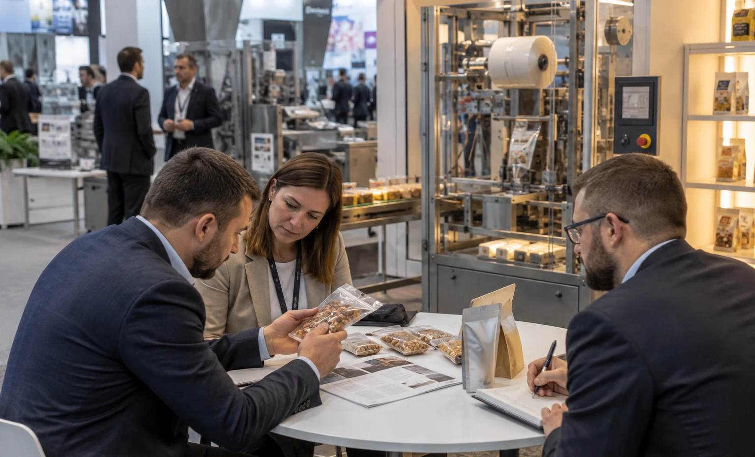 Continue the Technical Conversation trade show booth a practical meeting corner beside the product display with a table, chairs and presentation material