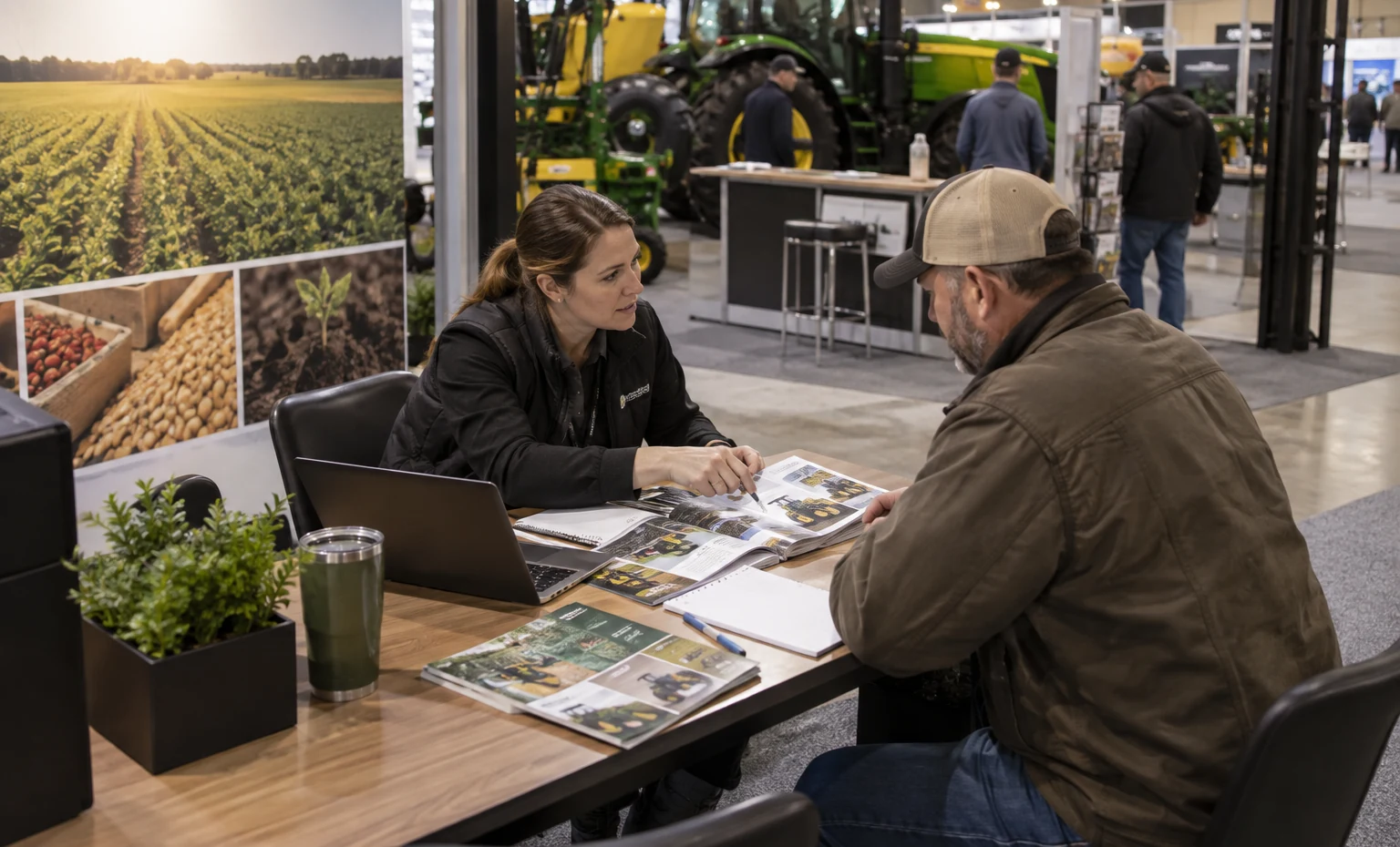 Connect the Booth to the Approved Product Demonstration trade show booth a practical meeting corner beside the product display with a table, chairs and presentation material