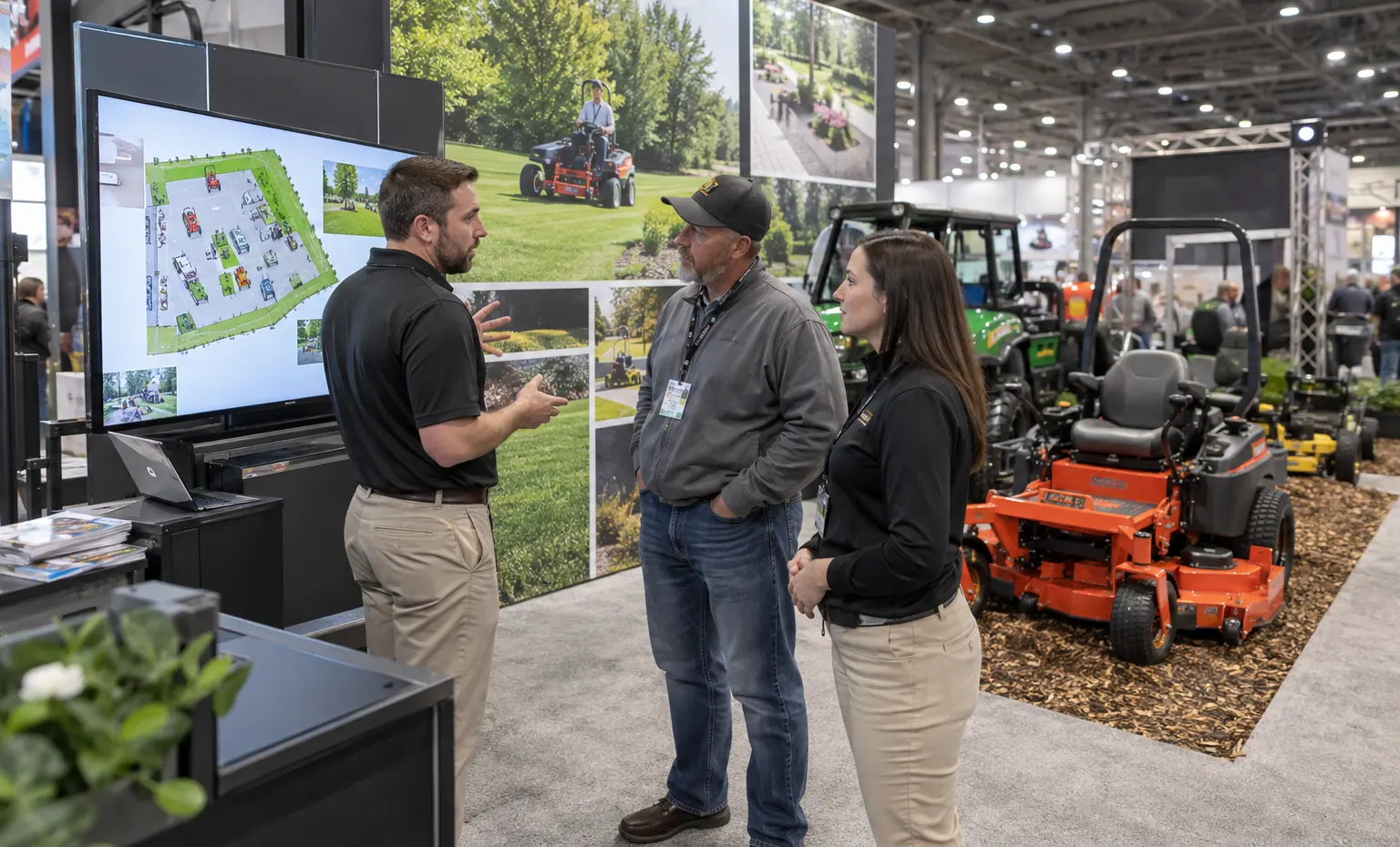 Keep the Indoor Booth and Outdoor Message on One Plan trade show booth an interactive screen and hardware demonstration with a clear operator position