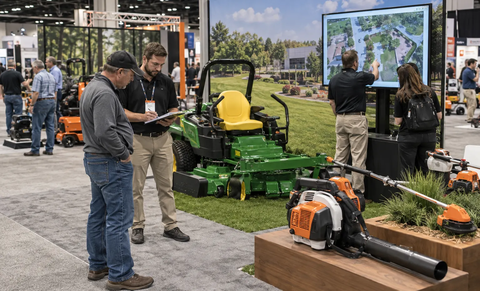 Keep the Indoor Booth and Outdoor Message on One Plan trade show booth an interactive screen and hardware demonstration with a clear operator position