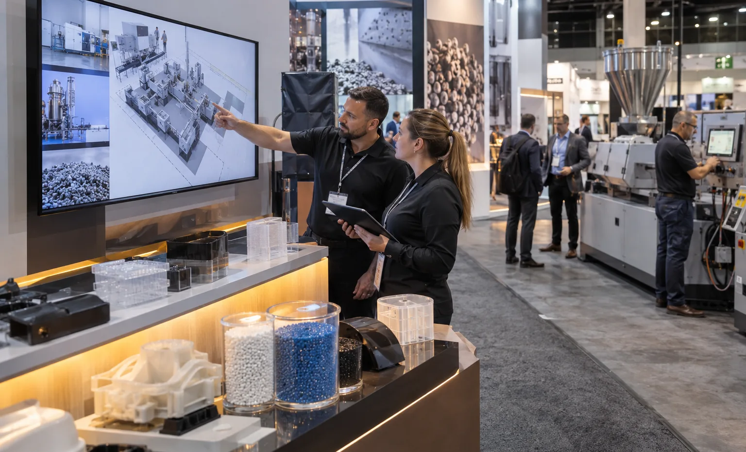 Put the Machine, Material and Brand on One Approved Plan trade show booth an interactive screen and hardware demonstration with a clear operator position