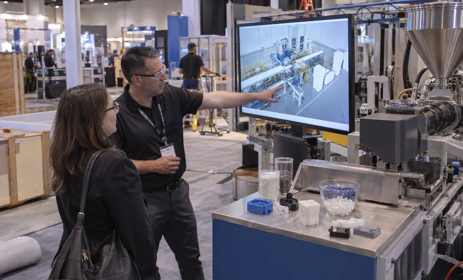 Put the Machine, Material and Brand on One Approved Plan trade show booth an interactive screen and hardware demonstration with a clear operator position