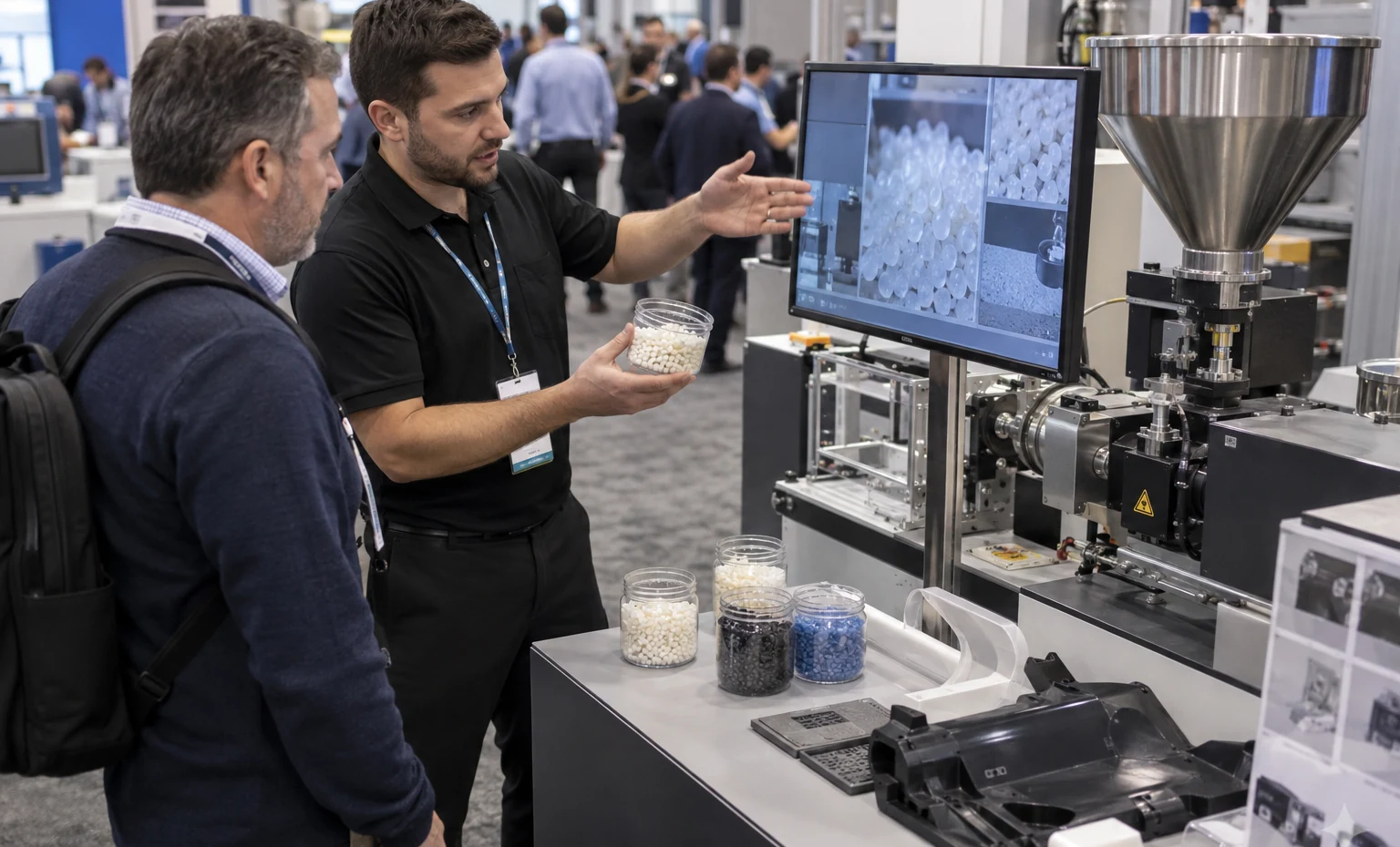 What Goes In? trade show booth an interactive screen and hardware demonstration with a clear operator position