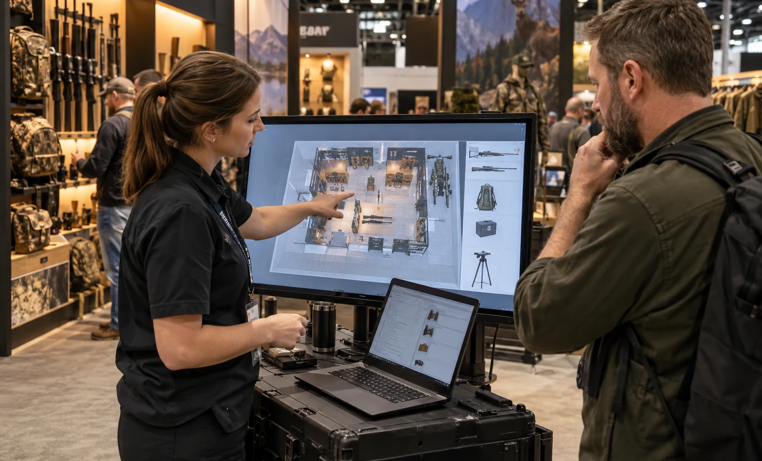 Link the Product Map to the Booth and the Pack List trade show booth an interactive screen and hardware demonstration with a clear operator position