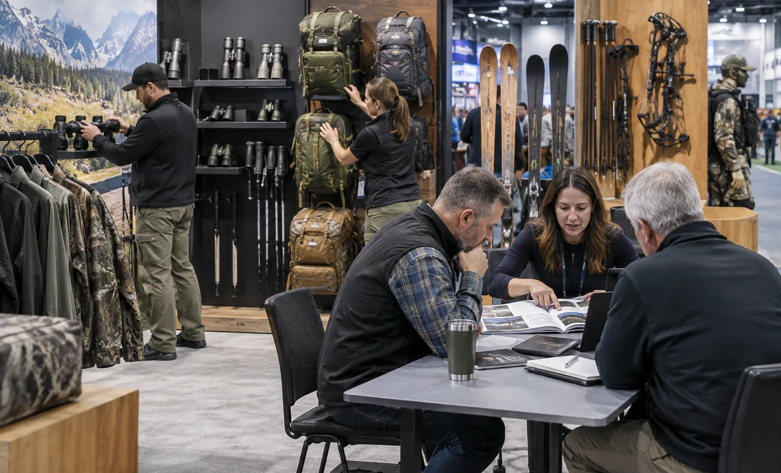 Give Every Product Family a Clear Address trade show booth a practical meeting corner beside the product display with a table, chairs and presentation material